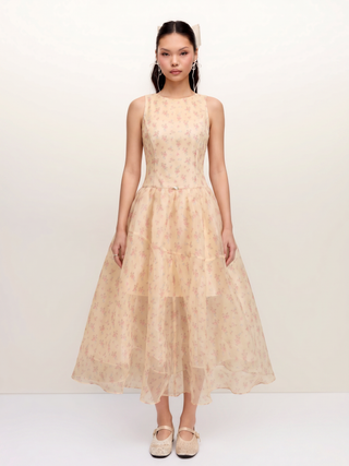 Chiffon Floral Boat Neck High Rise Flared Maxi Dress
