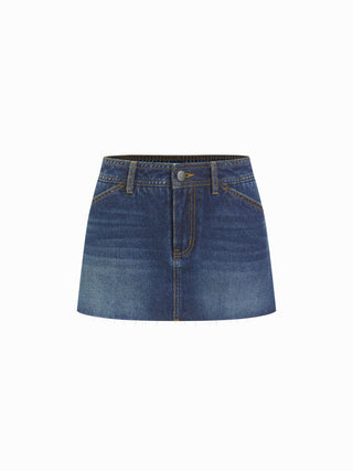 Washed Denim Low Rise A-line Mini Skirt With Metal Detail