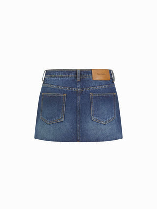 Washed Denim Low Rise A-line Mini Skirt With Metal Detail