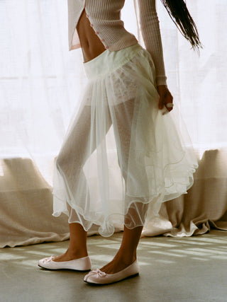 Mesh Mid Rise Ruffle Hem Layered Flared Midi Skirt