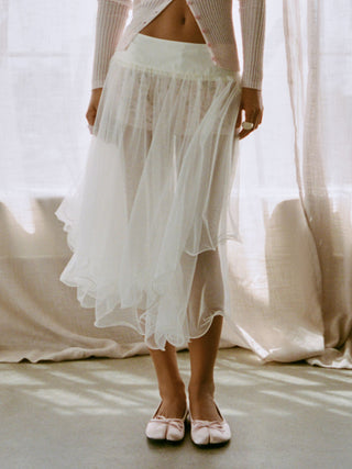 Mesh Mid Rise Ruffle Hem Layered Flared Midi Skirt