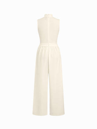 High Neck Solid Cut Out Patched Wide Leg Jumpsuit
