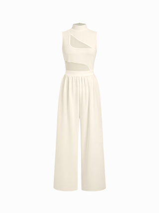 High Neck Solid Cut Out Patched Wide Leg Jumpsuit