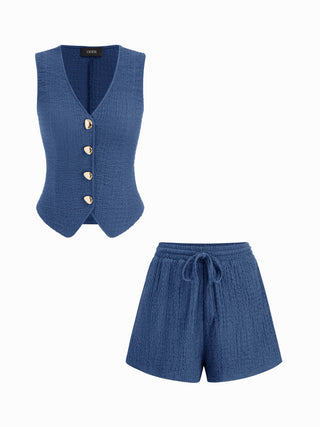 Textured V-neck Metal Detail Top & Mid Rise Drawstring Shorts Set