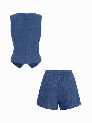 Textured V-neck Metal Detail Top & Mid Rise Drawstring Shorts Set