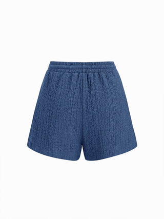 Textured V-neck Metal Detail Top & Mid Rise Drawstring Shorts Set
