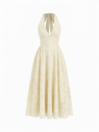 Jacquard Floral Halter Neckline Backless Flared Maxi Dress