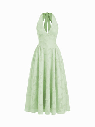 Jacquard Floral Halter Neckline Backless Flared Maxi Dress