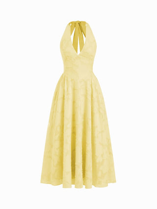 Jacquard Floral Halter Neckline Backless Flared Maxi Dress