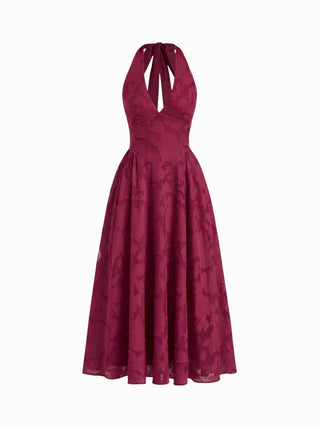 Jacquard Floral Halter Neckline Backless Flared Maxi Dress