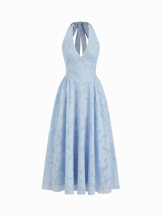 Jacquard Floral Halter Neckline Backless Flared Maxi Dress