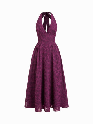 Jacquard Floral Halter Neckline Backless Flared Maxi Dress