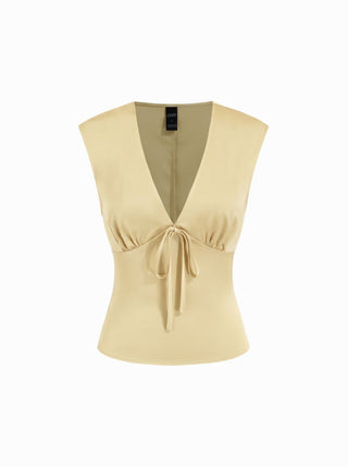 Satin V-Neck Ruched Bowknot Tank Blouse