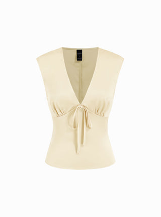 Satin V-Neck Ruched Bowknot Tank Blouse