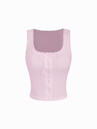 Pointelle Textured Scoop Neck Lace Trim Bowknot Tank Top