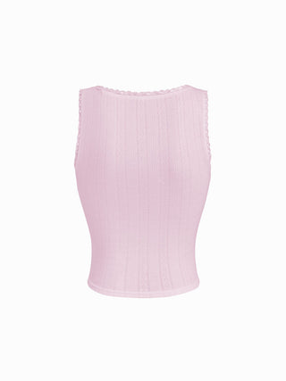 Pointelle Textured Scoop Neck Lace Trim Bowknot Tank Top