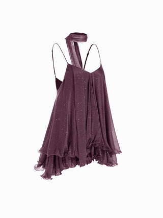 Sequin V-Neck Halter Ruffled Hem Oversized Mini Dress With Scarf