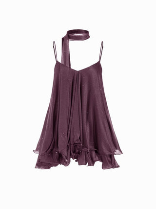 Sequin V-Neck Halter Ruffled Hem Oversized Mini Dress With Scarf