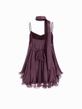 Sequin V-Neck Halter Ruffled Hem Oversized Mini Dress With Scarf