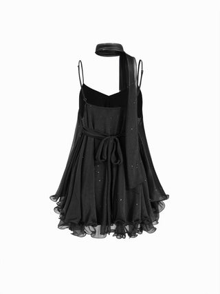 Sequin V-Neck Halter Ruffled Hem Oversized Mini Dress With Scarf
