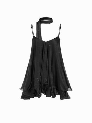 Sequin V-Neck Halter Ruffled Hem Oversized Mini Dress With Scarf