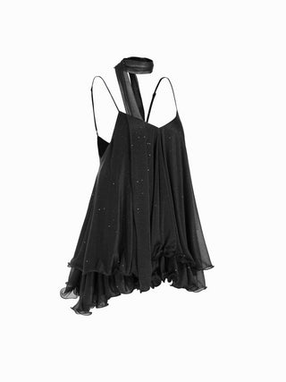 Sequin V-Neck Halter Ruffled Hem Oversized Mini Dress With Scarf