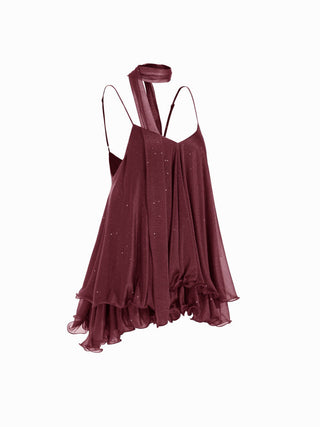 Sequin V-Neck Halter Ruffled Hem Oversized Mini Dress With Scarf