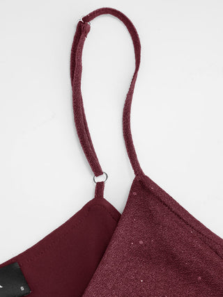 Sequin V-Neck Halter Ruffled Hem Oversized Mini Dress With Scarf