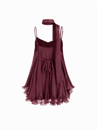 Sequin V-Neck Halter Ruffled Hem Oversized Mini Dress With Scarf