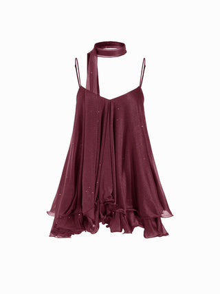 Sequin V-Neck Halter Ruffled Hem Oversized Mini Dress With Scarf