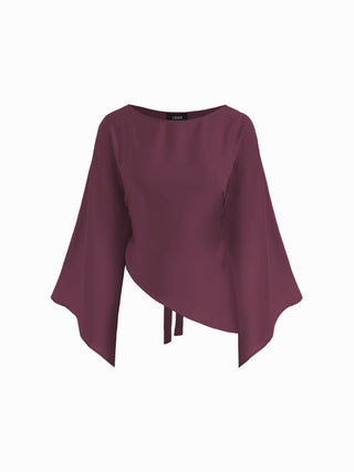 Satin Boat Neck Bell Sleeve Asymmetrical Blouse