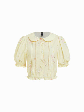 Cotton-blend Floral Peter Pan Collar Puff Sleeve Ruffled Crop Blouse