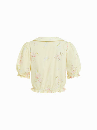 Cotton-blend Floral Peter Pan Collar Puff Sleeve Ruffled Crop Blouse