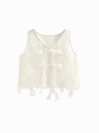 Lace Floral Embroidery Back Bowknot Crop Blouse