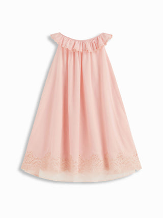 Cotton-blend Scoop Neckline Ruffle Lace Trim Oversized Smock Mini Dress