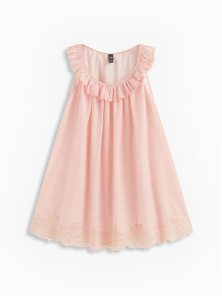 Cotton-blend Scoop Neckline Ruffle Lace Trim Oversized Smock Mini Dress