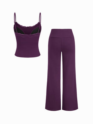 Built-in Bra Square Neck Lace Trim Cami Top & Mid Rise Straight Leg Trousers Loungewear Set