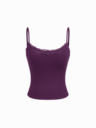 Built-in Bra Square Neck Lace Trim Cami Top & Mid Rise Straight Leg Trousers Loungewear Set