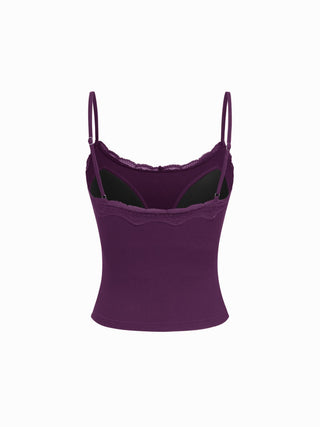 Built-in Bra Square Neck Lace Trim Cami Top & Mid Rise Straight Leg Trousers Loungewear Set