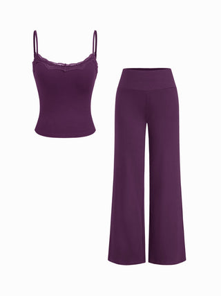Built-in Bra Square Neck Lace Trim Cami Top & Mid Rise Straight Leg Trousers Loungewear Set
