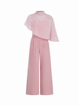 Stand Collar Asymmetrical Cloak Sleeve Mid Rise Wide Leg Jumpsuit