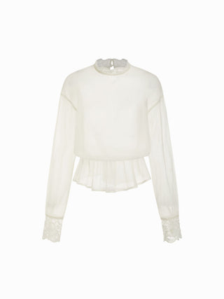Chiffon Stand Collar Lace Panel Leg-of-mutton Sleeve Blouse