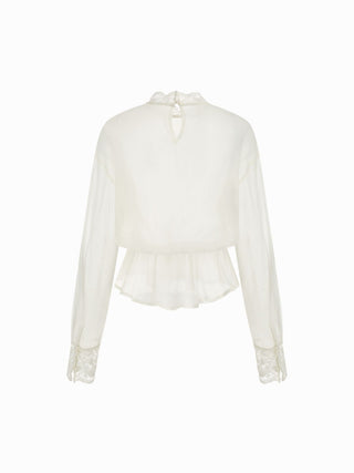 Chiffon Stand Collar Lace Panel Leg-of-mutton Sleeve Blouse