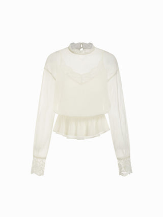 Chiffon Stand Collar Lace Panel Leg-of-mutton Sleeve Blouse