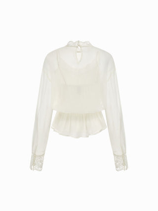 Chiffon Stand Collar Lace Panel Leg-of-mutton Sleeve Blouse
