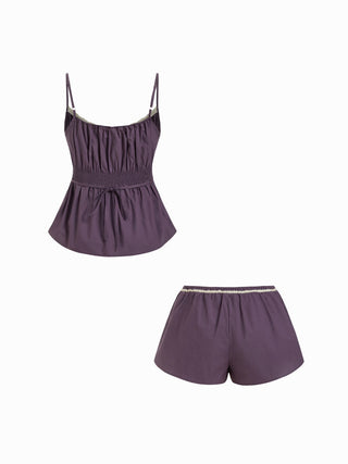Cotton Color-block Square Neck Shirred Cami & Mid Rise Wide Leg Loungewear Set