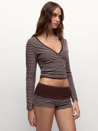 Striped V-neck Long Sleeve Top & Low Rise Shorts Loungewear Set