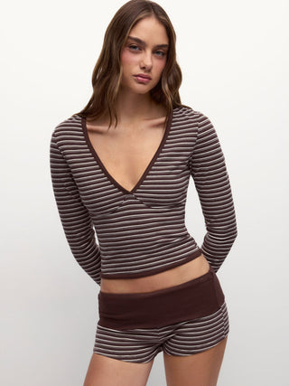 Striped V-neck Long Sleeve Top & Low Rise Shorts Loungewear Set