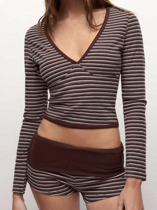 Striped V-neck Long Sleeve Top & Low Rise Shorts Loungewear Set