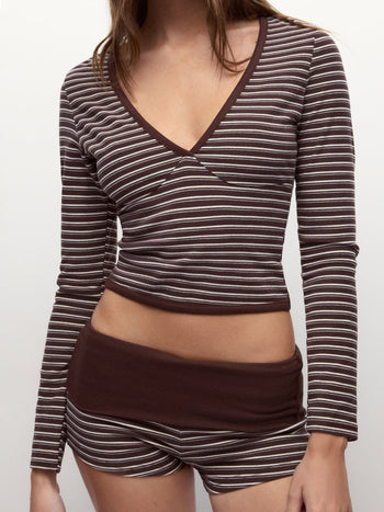 Striped V-neck Long Sleeve Top & Low Rise Shorts Loungewear Set